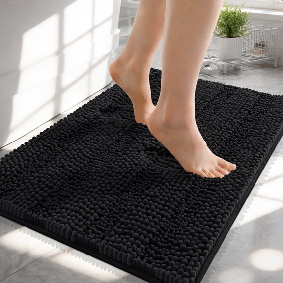 Buganda Chenille Bathroom Rug 24X16, Soft Absorbent Bath Mat, Machine Washable Bath Mats for Bathroom Floor, Black