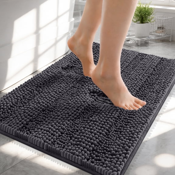 Buganda Chenille Bathroom Rug 24X16, Soft Absorbent Bath Mat, Machine Washable Bath Mats for Bathroom Floor, Dark Grey