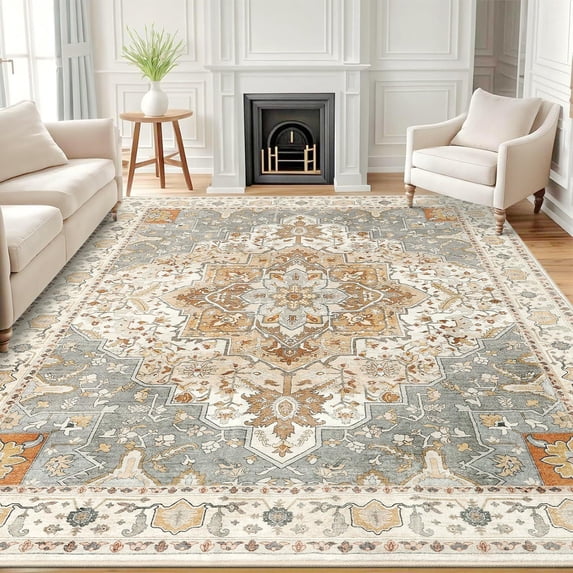 Buganda 5'x7' Area Rugs for Living Room, Vintage Distress Print Pattern Carpet, Non-Slip Rugs for Bedroom Dining Room, Beige