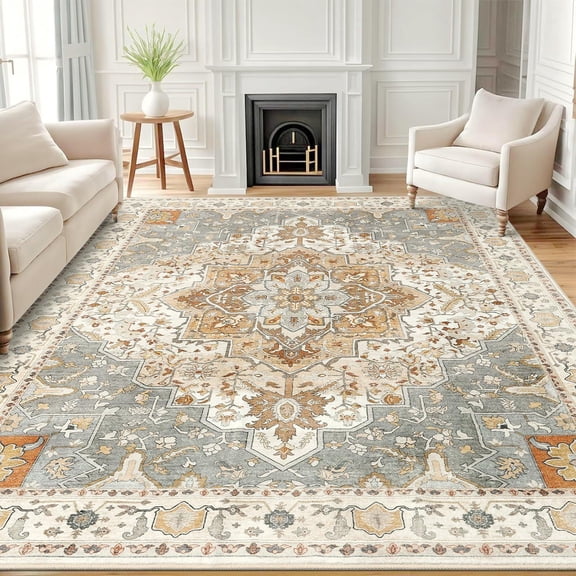 Buganda 5'x7' Area Rugs for Living Room, Vintage Distress Print Pattern Carpet, Non-Slip Rugs for Bedroom Dining Room, Beige