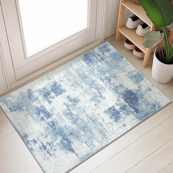 Buganda Area Rug for Living Room 2'X3', Washable Artificial Wool Area Rug, Low Pile Non-Slip Carpet for Bedroom Office Dining Room, Blue