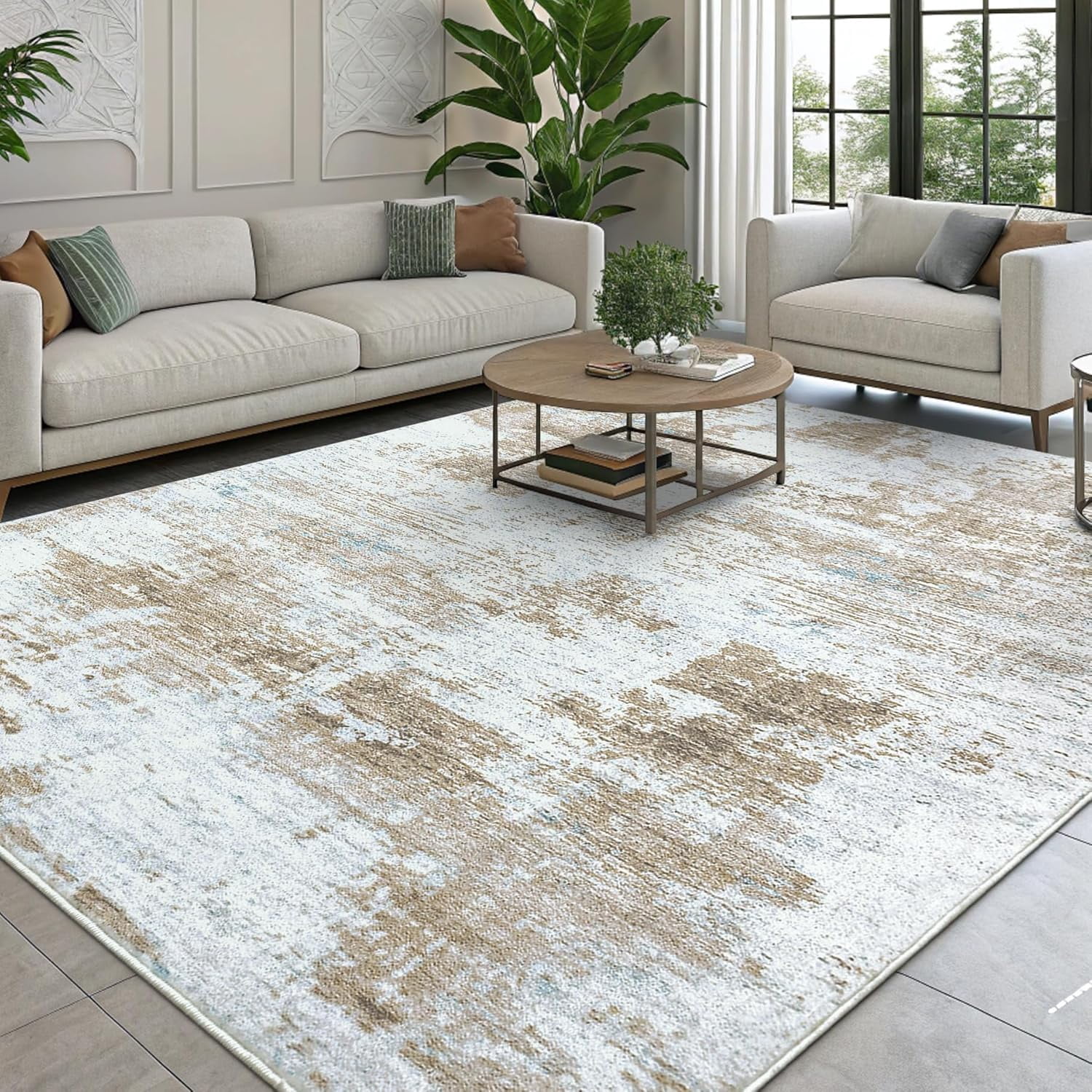 Buganda Area Rug for Living Room 5'X7', Washable Artificial Wool Area Rug, Low Pile Non-Slip Carpet for Bedroom Office Dining Room, Beige