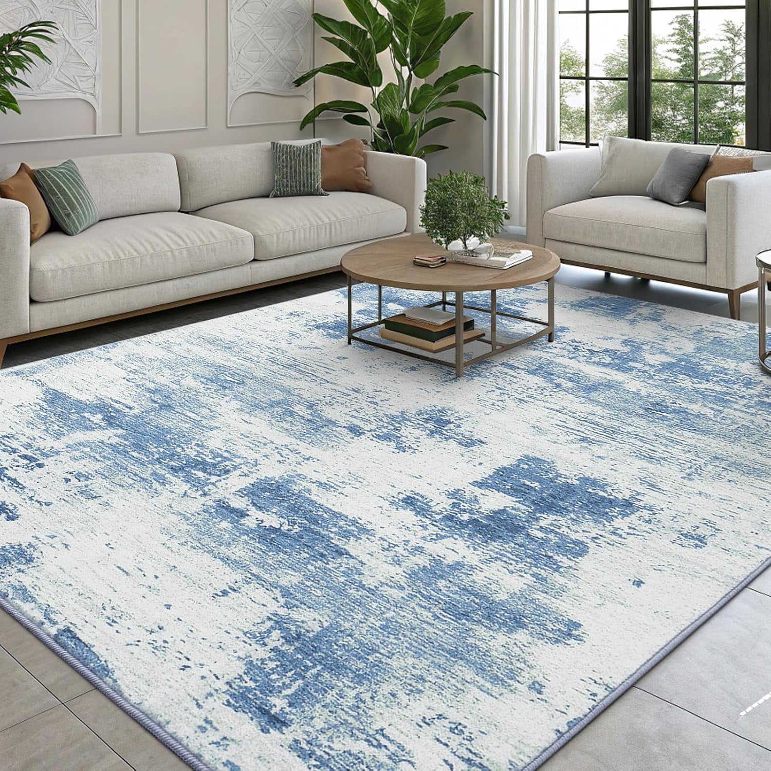 Buganda Area Rug for Living Room 5'X7', Washable Artificial Wool Area Rug, Low Pile Non-Slip Carpet for Bedroom Office Dining Room, Blue
