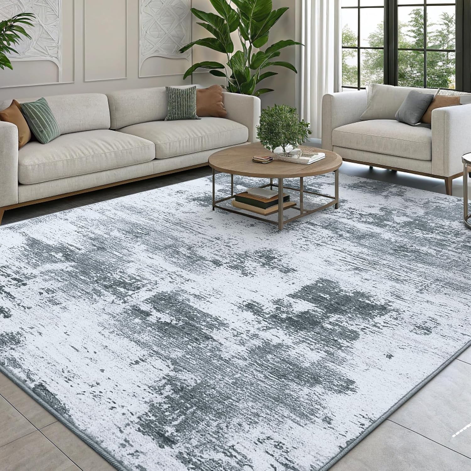 Buganda Area Rug for Living Room 5'X7', Washable Artificial Wool Area Rug, Low Pile Non-Slip Carpet for Bedroom Office Dining Room, Grey