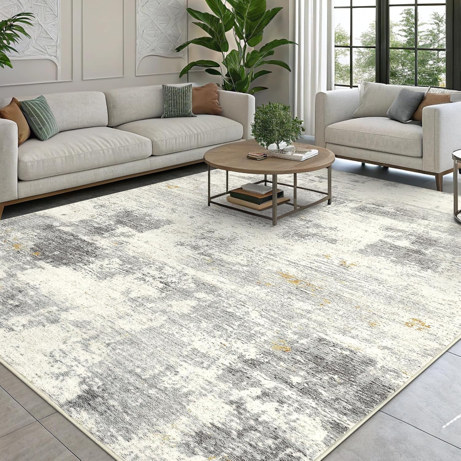 Buganda Area Rug for Living Room 5'X7', Washable Artificial Wool Area Rug, Low Pile Non-Slip Carpet for Bedroom Office Dining Room, Light Beige