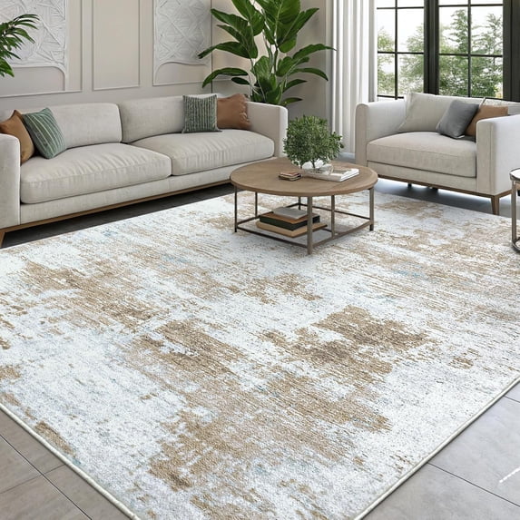 Buganda Area Rug for Living Room 8'X10', Washable Artificial Wool Area Rug, Low Pile Non-Slip Carpet for Bedroom Office Dining Room, Beige