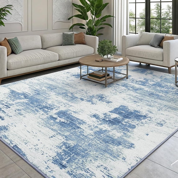 Buganda Area Rug for Living Room 9'X12', Washable Artificial Wool Area Rug, Low Pile Non-Slip Carpet for Bedroom Office Dining Room, Blue