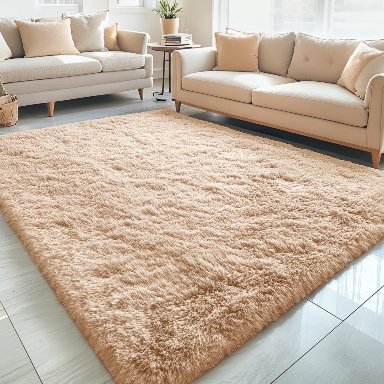 Buganda Area Rugs for Living Room 5'X8', Soft and Fluffy Shaggy Carpet for Pets, Machine Washable Floor Rugs for Bedroom, Camel