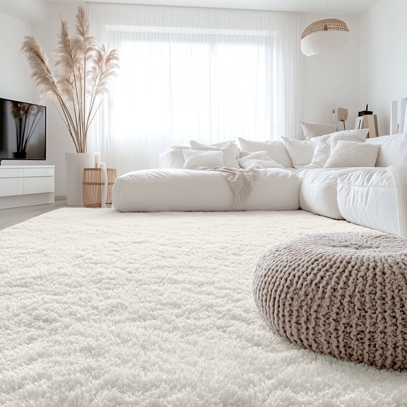 Buganda Area Rugs for Living Room 8'X10', Soft and Fluffy Shaggy Carpet for Pets, Machine Washable Floor Rugs for Bedroom, Cream