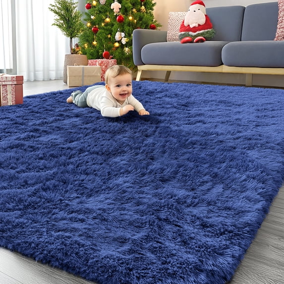 Buganda Area Rugs for Living Room 8'X10', Soft and Fluffy Shaggy Carpet for Pets, Machine Washable Floor Rugs for Bedroom, Navy