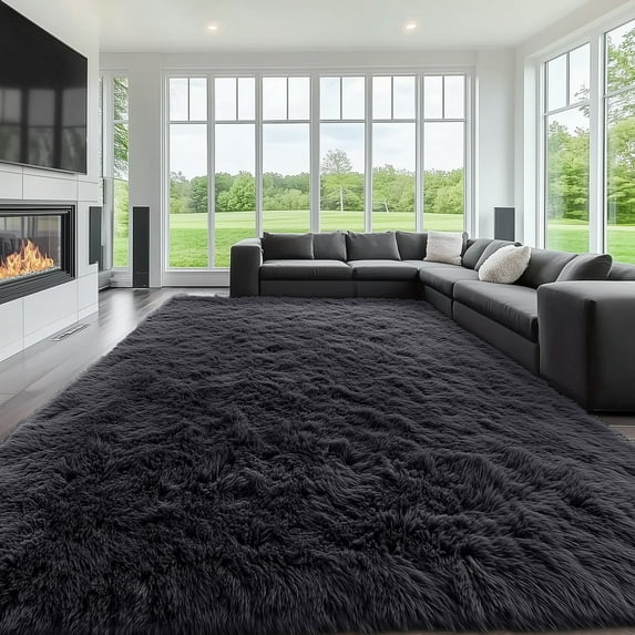 Buganda Area Rugs for Living Room 9'X12', Soft and Fluffy Shaggy Carpet for Pets, Machine Washable Floor Rugs for Bedroom, Black