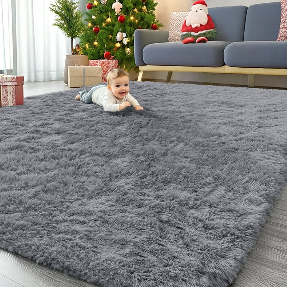 Buganda Area Rugs for Living Room 9'X12', Soft and Fluffy Shaggy Carpet for Pets, Machine Washable Floor Rugs for Bedroom, Light Grey
