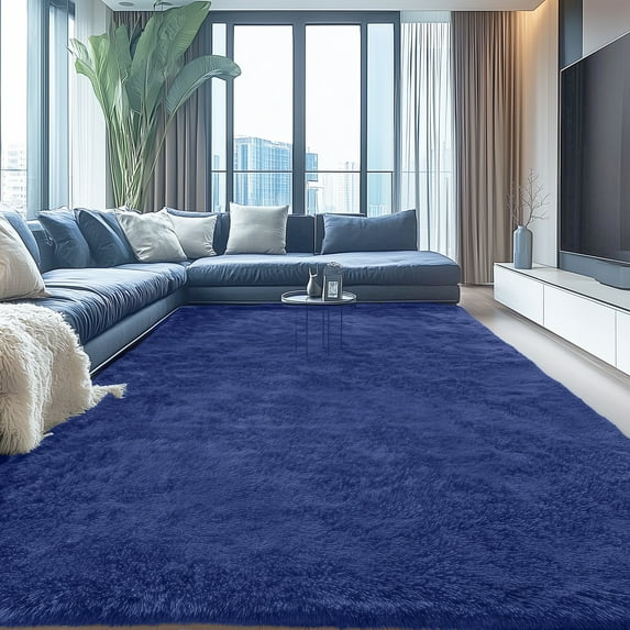 Buganda Area Rugs for Living Room 9'X12', Soft and Fluffy Shaggy Carpet for Pets, Machine Washable Floor Rugs for Bedroom, Navy