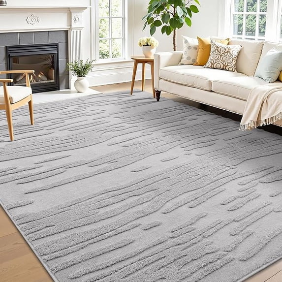 Buganda Area Rugs for Living Room, Non-Slip Bedroom Bedside Carpet, Modern Indoor Washable Area Rug, 5'x8', Light Grey