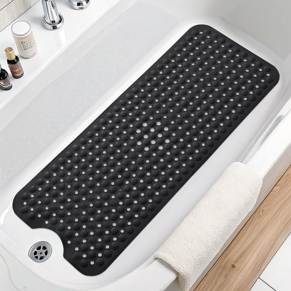 Buganda Bath Mat for Tub Non Slip, Extra Long Bath Mat with Drain Holes and Suction Cups, Machine Washable Shower Mat, 39"x15", Black