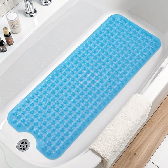 Buganda Bath Mat for Tub Non Slip, Extra Long Bath Mat with Drain Holes and Suction Cups, Machine Washable Shower Mat, 39"x15", Clear Blue
