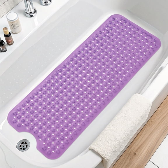 Buganda Bath Mat for Tub Non Slip, Extra Long Bath Mat with Drain Holes and Suction Cups, Machine Washable Shower Mat, 39"x15", Clear Purple