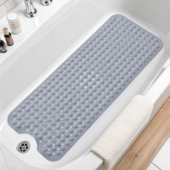 Buganda Bath Mat for Tub Non Slip, Extra Long Bath Mat with Drain Holes and Suction Cups, Machine Washable Shower Mat, 39"x15", Grey