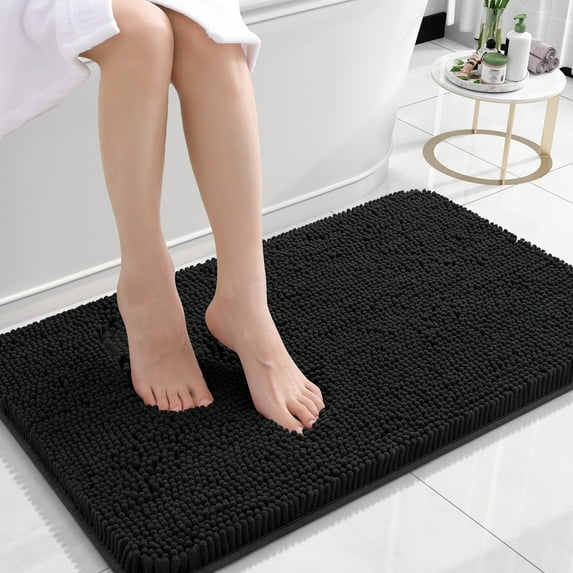 Buganda Bathroom Rugs 24x16, Quick Dry Machine Washable Chenille Bath Mats with Rubber Backing, Black