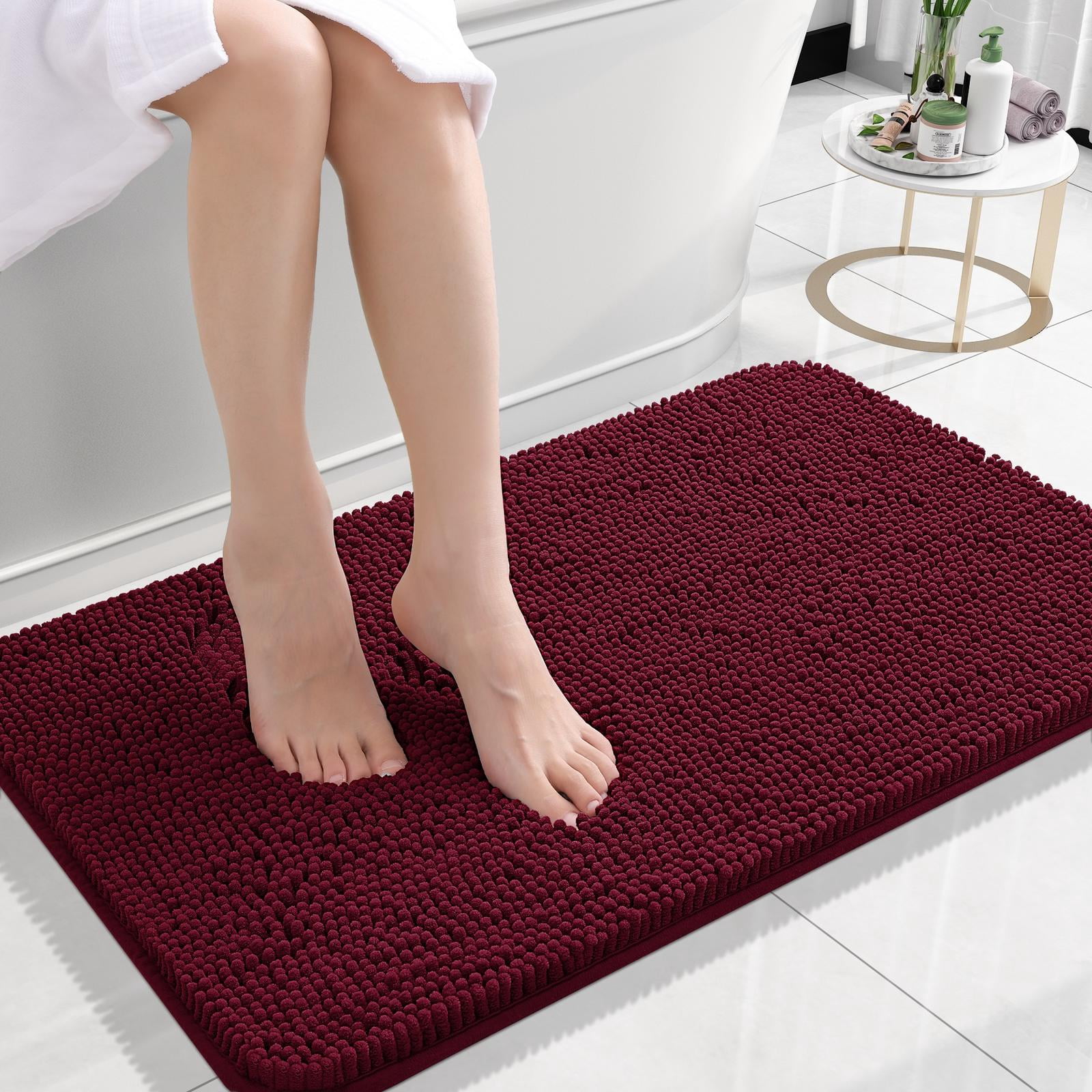 Buganda Bathroom Rugs 24x16, Quick Dry Machine Washable Chenille Bath Mats with Rubber Backing, Burgundy
