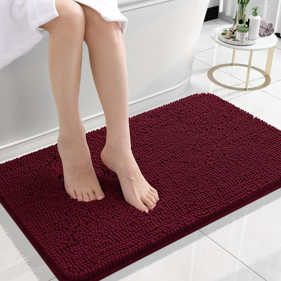 Buganda Bathroom Rugs 24x16, Quick Dry Machine Washable Chenille Bath Mats with Rubber Backing, Burgundy