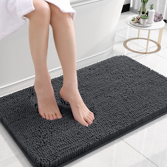 Buganda Bathroom Rugs 24x16, Quick Dry Machine Washable Chenille Bath Mats with Rubber Backing, Dark Grey