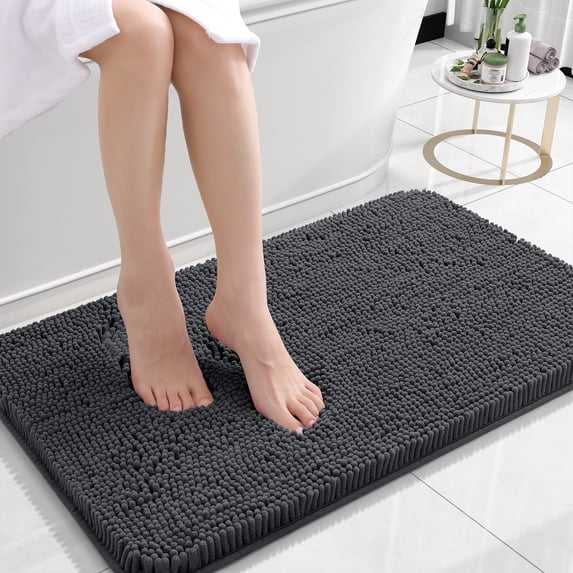 Buganda Bathroom Rugs 24x16, Quick Dry Machine Washable Chenille Bath Mats with Rubber Backing, Dark Grey