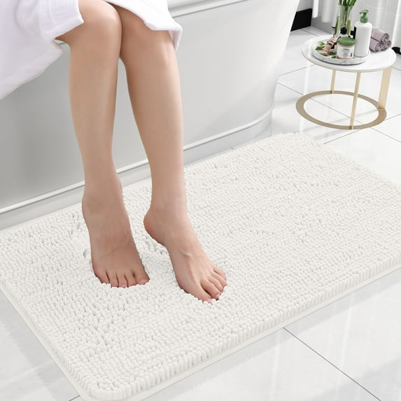 Buganda Bathroom Rugs 24x16, Quick Dry Machine Washable Chenille Bath Mats with Rubber Backing, Ivory