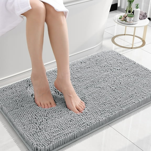 Buganda Bathroom Rugs 24x16, Quick Dry Machine Washable Chenille Bath Mats with Rubber Backing, Light Grey