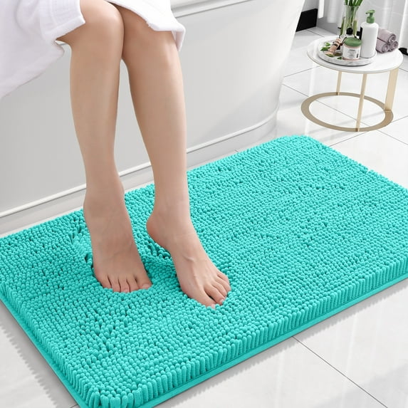 Buganda Bathroom Rugs 24x16, Quick Dry Machine Washable Chenille Bath Mats with Rubber Backing, Teal