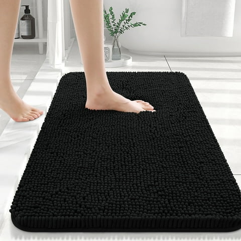 Buganda Bathroom Rugs 30x20, Quick Dry Machine Washable Chenille Bath Mats with Rubber Backing, Black