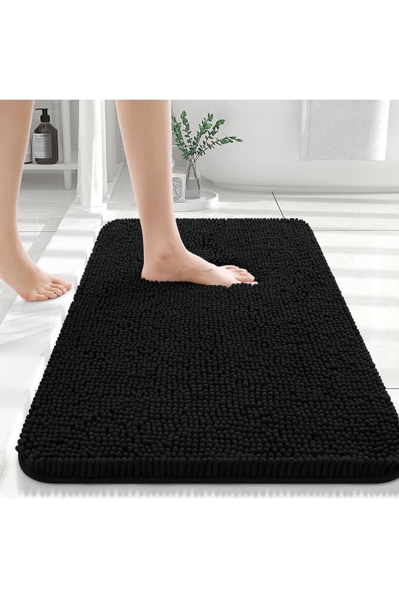 Bathroom Rugs 30x20, Quick Dry Machine Washable Chenille Bath Mats with Rubber Backing, Black