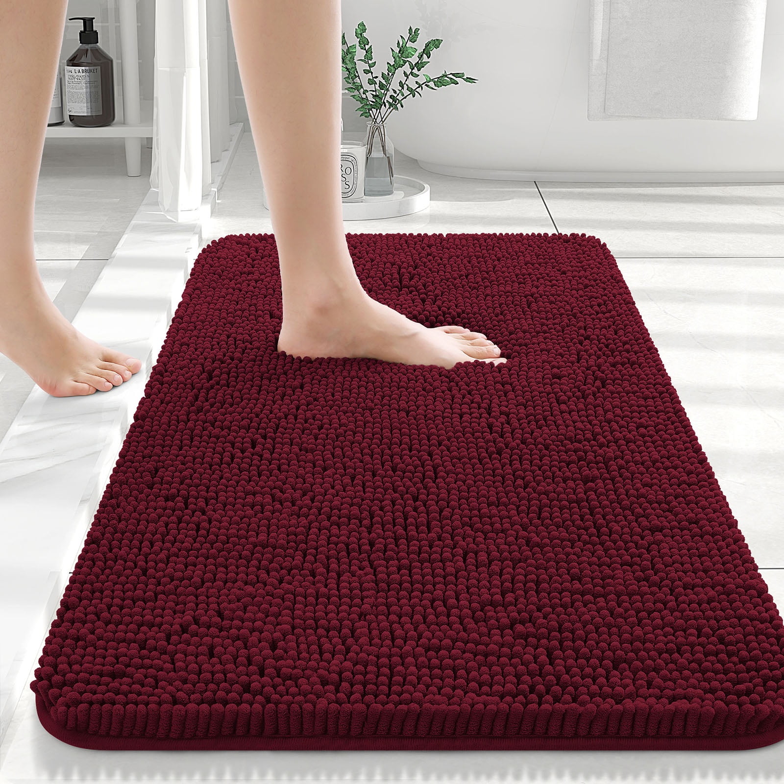 Buganda Bathroom Rugs 30x20, Quick Dry Machine Washable Chenille Bath Mats with Rubber Backing, Burgundy