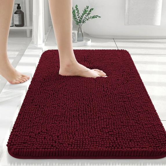 Buganda Bathroom Rugs 30x20, Quick Dry Machine Washable Chenille Bath Mats with Rubber Backing, Burgundy
