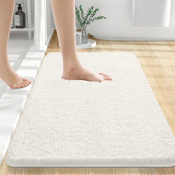 Buganda Bathroom Rugs 30x20, Quick Dry Machine Washable Chenille Bath Mats with Rubber Backing, Ivory