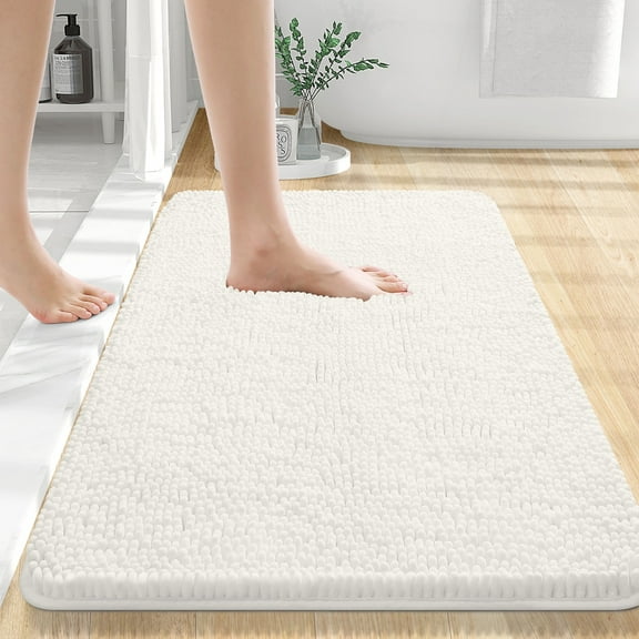 Buganda Bathroom Rugs 30x20, Quick Dry Machine Washable Chenille Bath Mats with Rubber Backing, Ivory