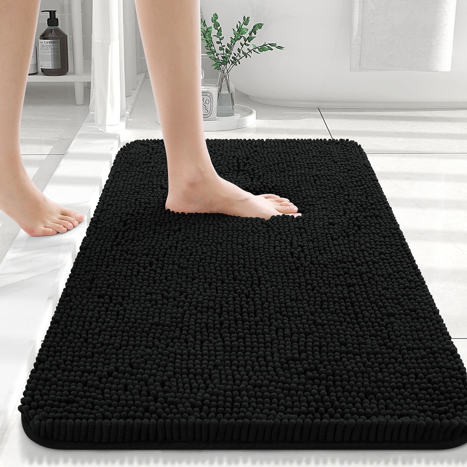 Buganda Bathroom Rugs 34x21, Quick Dry Machine Washable Chenille Bath Mats with Rubber Backing, Black