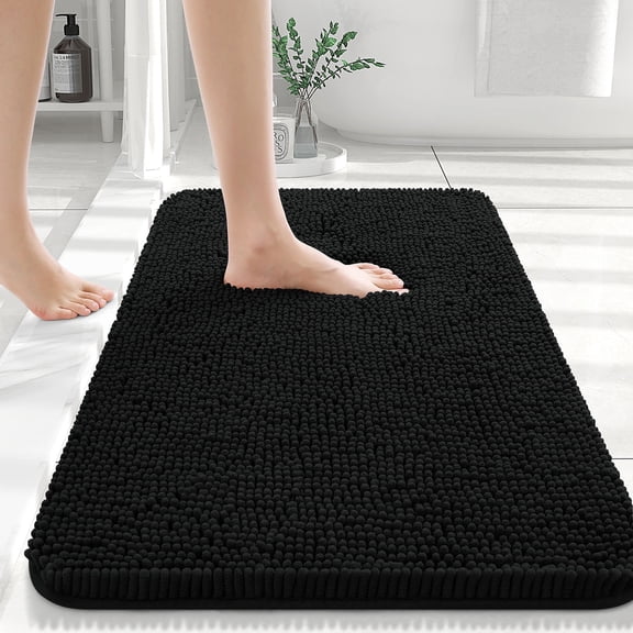 Buganda Bathroom Rugs 34x21, Quick Dry Machine Washable Chenille Bath Mats with Rubber Backing, Black