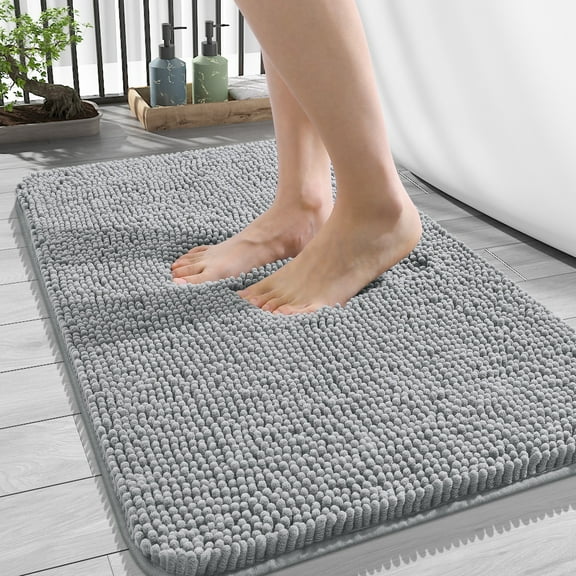 Buganda Bathroom Rugs 34x21, Quick Dry Machine Washable Chenille Bath Mats with Rubber Backing, Light Grey