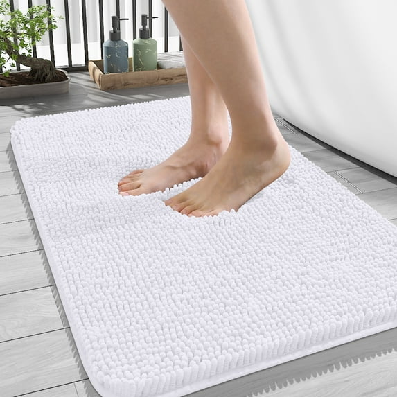 Buganda Bathroom Rugs 34x21, Quick Dry Machine Washable Chenille Bath Mats with Rubber Backing, White