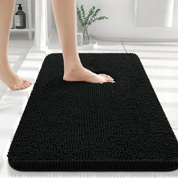 Buganda Bathroom Rugs 36x24, Quick Dry Machine Washable Chenille Bath Mats with Rubber Backing, Black