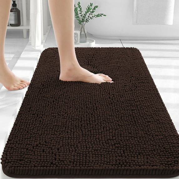 Buganda Bathroom Rugs 36x24, Quick Dry Machine Washable Chenille Bath Mats with Rubber Backing, Brown