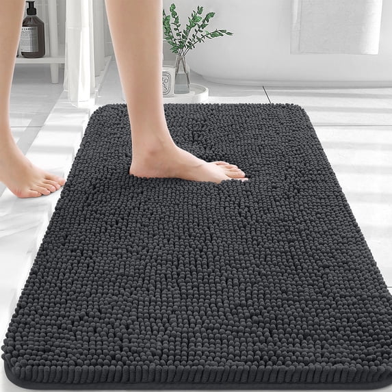 Buganda Bathroom Rugs 36x24, Quick Dry Machine Washable Chenille Bath Mats with Rubber Backing, Dark Grey