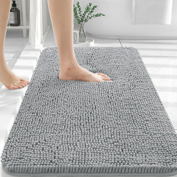 Buganda Bathroom Rugs 36x24, Quick Dry Machine Washable Chenille Bath Mats with Rubber Backing, Light Grey