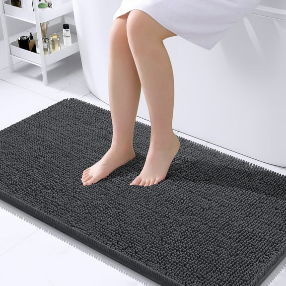 Buganda Bathroom Rugs 44x24, Quick Dry Machine Washable Chenille Bath Mats with Rubber Backing, Dark Grey