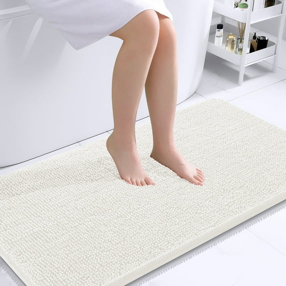 Buganda Bathroom Rugs 44x24, Quick Dry Machine Washable Chenille Bath Mats with Rubber Backing, Ivory
