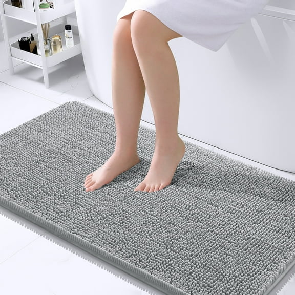Buganda Bathroom Rugs 44x24, Quick Dry Machine Washable Chenille Bath Mats with Rubber Backing, Light Grey