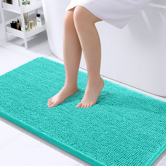 Buganda Bathroom Rugs 44x24, Quick Dry Machine Washable Chenille Bath Mats with Rubber Backing, Teal
