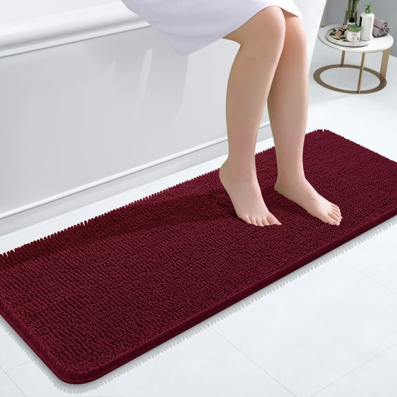 Buganda Bathroom Rugs 47x17, Quick Dry Machine Washable Chenille Bath Mats with Rubber Backing, Burgundy