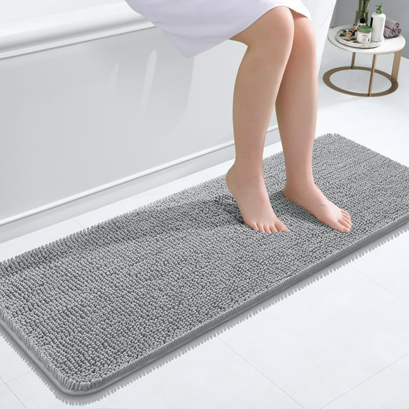 Buganda Bathroom Rugs 47x17, Quick Dry Machine Washable Chenille Bath Mats with Rubber Backing, Light Grey